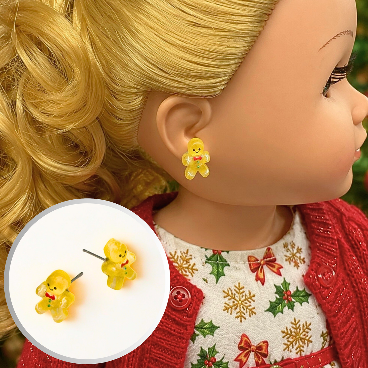 Gingerbread Man Christmas Post Doll Earrings • Earrings shown on 18" My Life As doll
