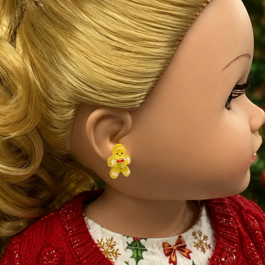 Gingerbread Man Christmas Post Doll Earrings • Earrings shown on 18" My Life As doll