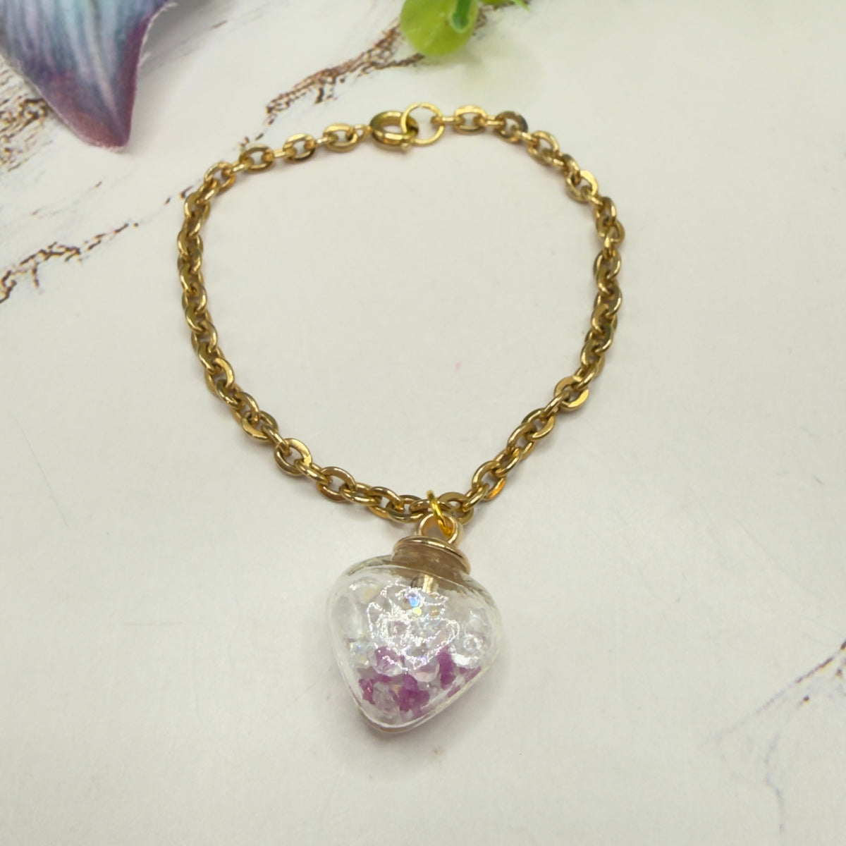 Glass Heart Shaped Pendant w/ Purple Clear Crystals (Glow in Dark) Gold Chain Doll Necklace • 18 Inch Fashion Doll Jewelry