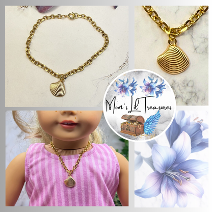 ✨Handmade Doll Jewelry Designed to Fit popular 18 Inch Fashion Dolls: add a little “Summer Fun ☀️ Beachy Style 🏝️” to your favorite doll!✨

Gold Chain Clamshell Charm Beach Style Doll Necklace