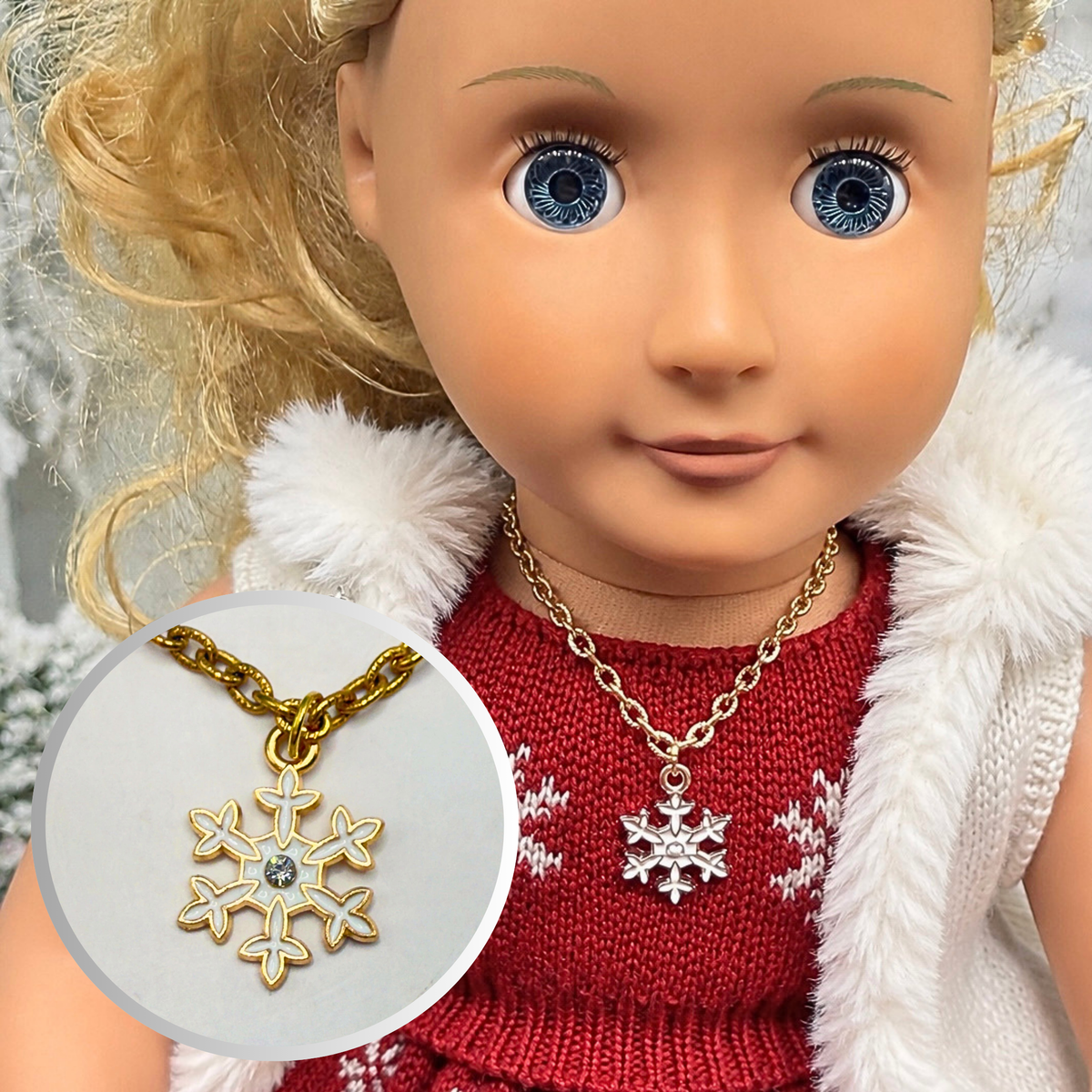 Handmade Doll Jewelry Designed to Fit popular 18 Inch Fashion Dolls: add a touch of “Winter Style ❄️” to your favorite doll! Gold Chain Snowflake Charm Doll Necklace