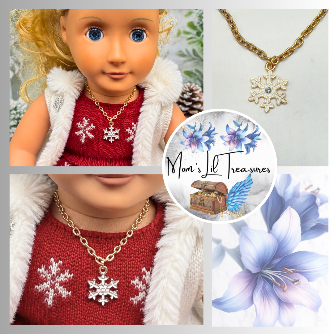 Handmade Doll Jewelry Designed to Fit popular 18 Inch Fashion Dolls: add a touch of “Winter Style ❄️” to your favorite doll! Gold Chain Snowflake Charm Doll Necklace