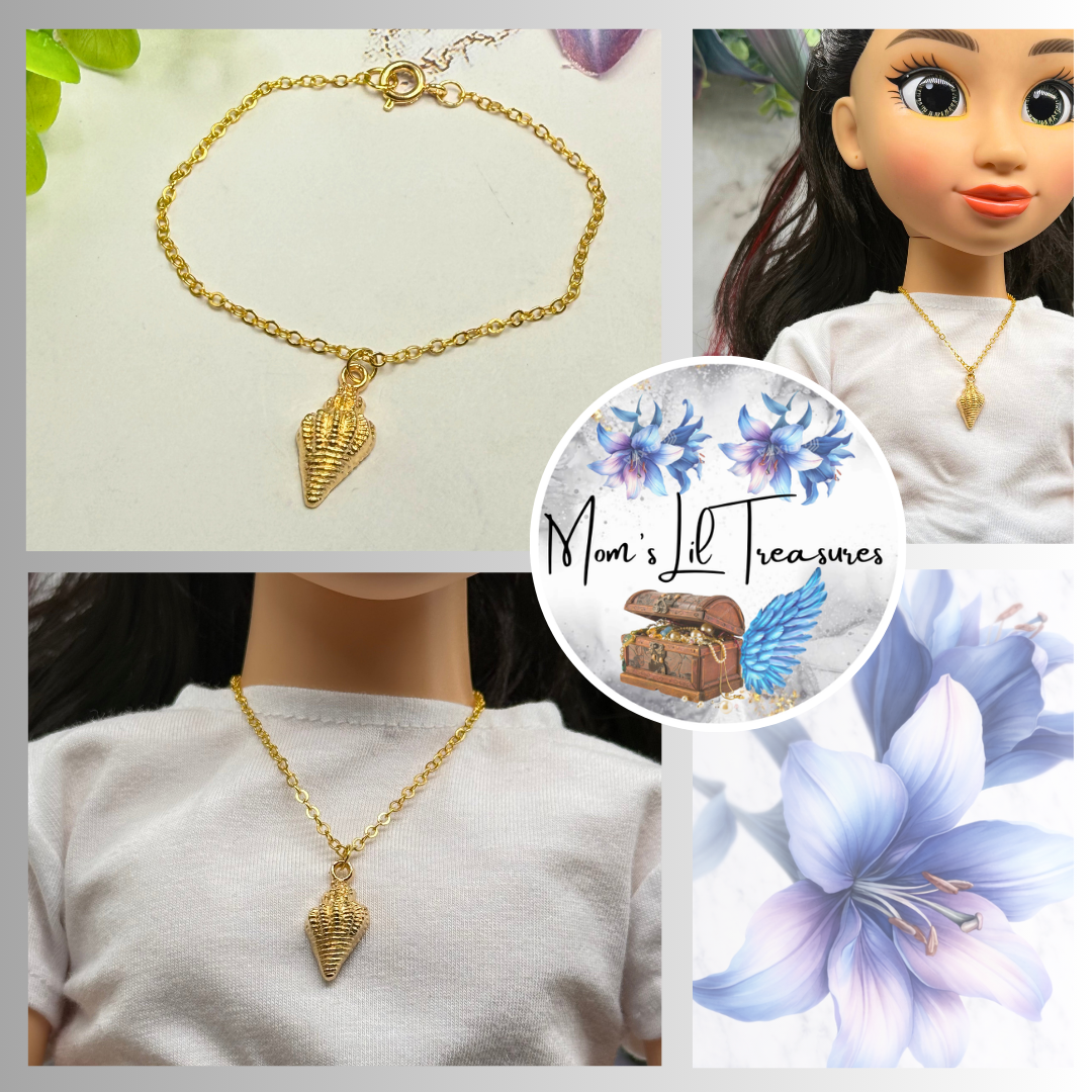 ✨ Handmade Doll Jewelry Designed to Fit popular 18 Inch Fashion Dolls: add a stylish touch to your favorite doll ✨

Gold Conch Shell Beach Charm Doll Necklace