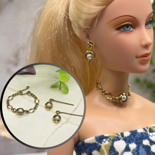 Gold Loop Circle Pearl Accent Chain Doll Necklace Earring Set. Necklace measures 2.75 inches long. necklace and earrings shown on 16” Madame Alexander - Alex doll