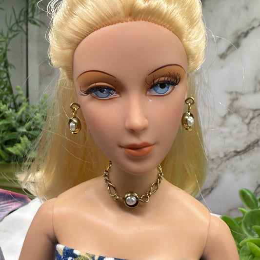 Gold Loop Circle Pearl Accent Chain Doll Necklace Earring Set. Necklace measures 2.75 inches long. necklace and earrings shown on 16” Madame Alexander - Alex doll
