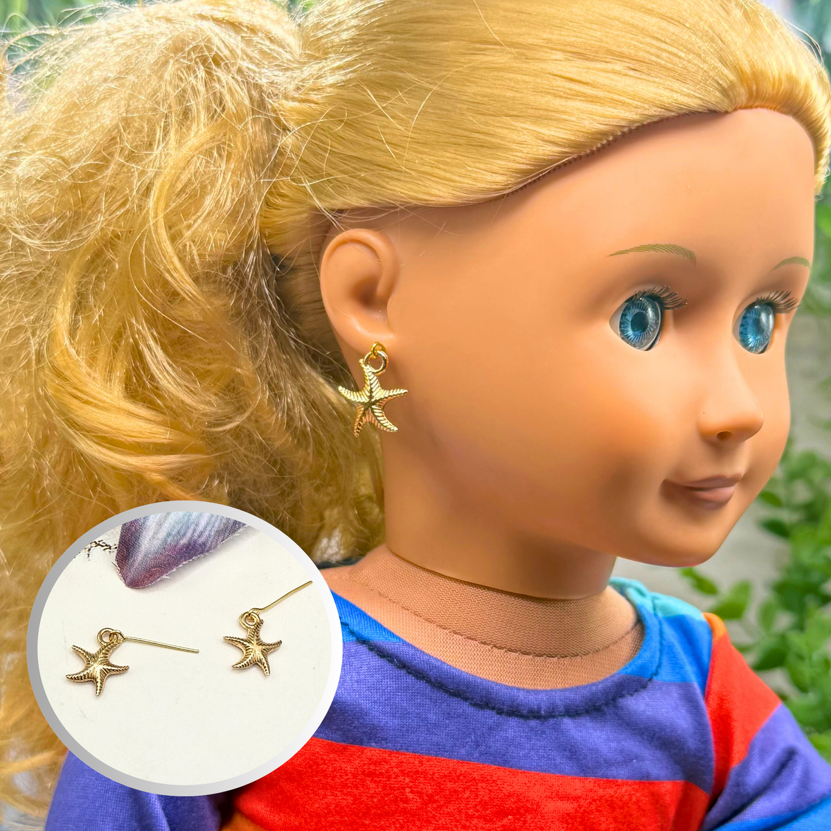 ✨Handmade Doll Jewelry Designed to Fit popular 18 Inch Fashion Dolls: add a little “Summer Fun ☀️ Beachy Style 🏝️” to your favorite doll!✨

Gold Starfish Beach Theme Doll Earrings
