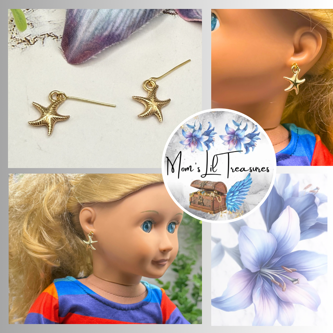 ✨Handmade Doll Jewelry Designed to Fit popular 18 Inch Fashion Dolls: add a little “Summer Fun ☀️ Beachy Style 🏝️” to your favorite doll!✨

Gold Starfish Beach Theme Doll Earrings
