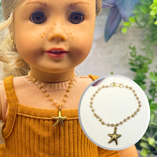 ✨Handmade Doll Jewelry Designed to Fit popular 18 Inch Fashion Dolls: add a little “Summer Fun ☀️ Beachy Style 🏝️” to your favorite doll!✨

Gold Starfish Charm Light Beige Glass Crystal Beaded Chain Doll Necklace