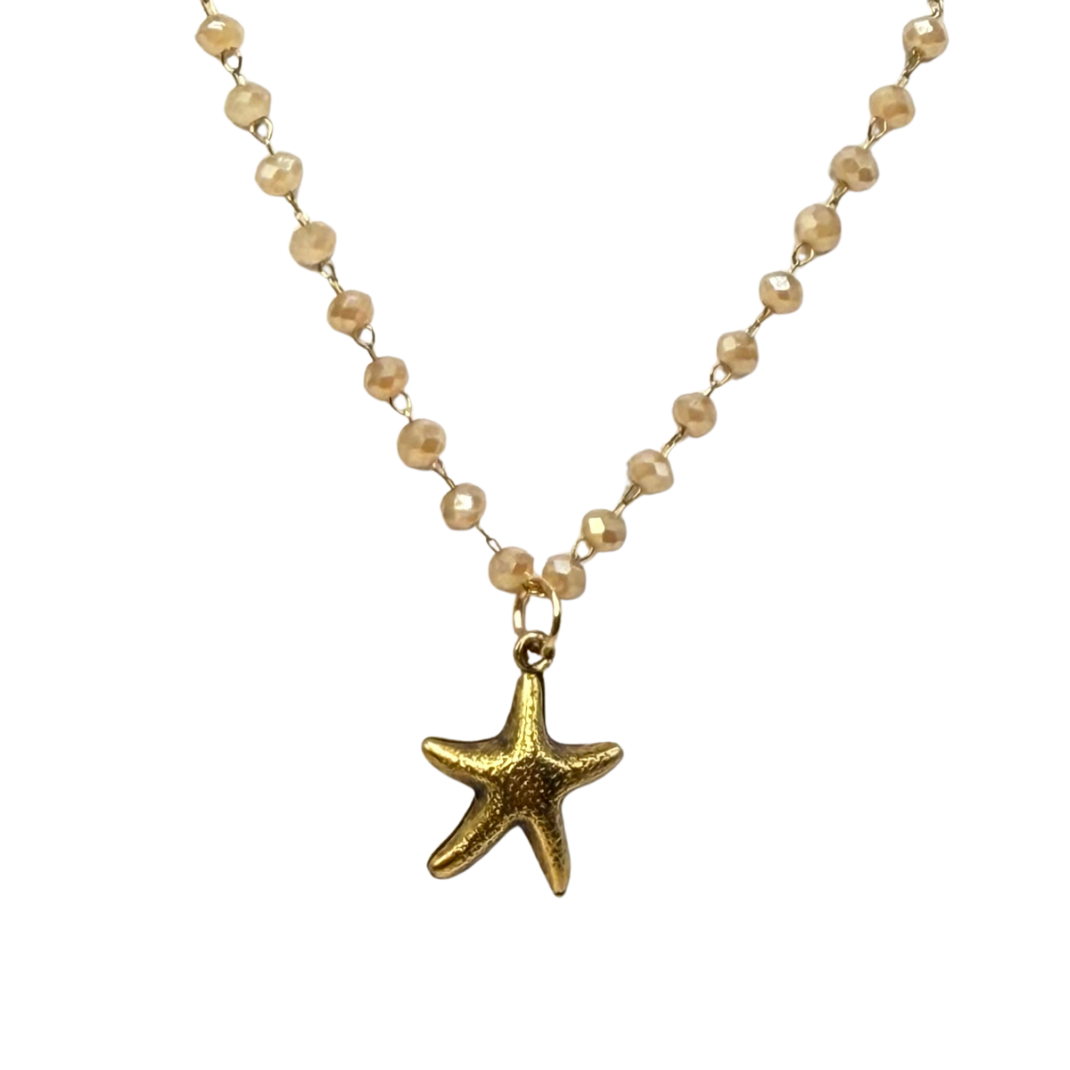 ✨Handmade Doll Jewelry Designed to Fit popular 18 Inch Fashion Dolls: add a little “Summer Fun ☀️ Beachy Style 🏝️” to your favorite doll!✨

Gold Starfish Charm Light Beige Glass Crystal Beaded Chain Doll Necklace