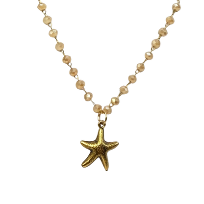 ✨Handmade Doll Jewelry Designed to Fit popular 18 Inch Fashion Dolls: add a little “Summer Fun ☀️ Beachy Style 🏝️” to your favorite doll!✨

Gold Starfish Charm Light Beige Glass Crystal Beaded Chain Doll Necklace