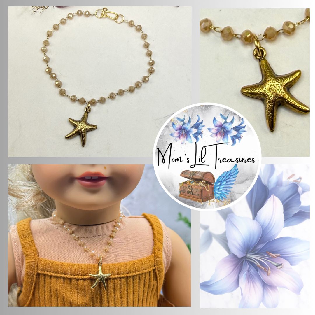 ✨Handmade Doll Jewelry Designed to Fit popular 18 Inch Fashion Dolls: add a little “Summer Fun ☀️ Beachy Style 🏝️” to your favorite doll!✨

Gold Starfish Charm Light Beige Glass Crystal Beaded Chain Doll Necklace