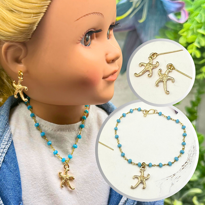 ✨Handmade Doll Jewelry Designed to Fit popular 18 Inch Fashion Dolls: add a little “Summer Fun ☀️ Beachy Style 🏝️” to your favorite doll!✨

Gold Starfish Charm Turquoise Blue Glass Beaded Doll Necklace & Earrings
