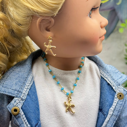 ✨Handmade Doll Jewelry Designed to Fit popular 18 Inch Fashion Dolls: add a little “Summer Fun ☀️ Beachy Style 🏝️” to your favorite doll!✨

Gold Starfish Charm Turquoise Blue Glass Beaded Doll Necklace & Earrings