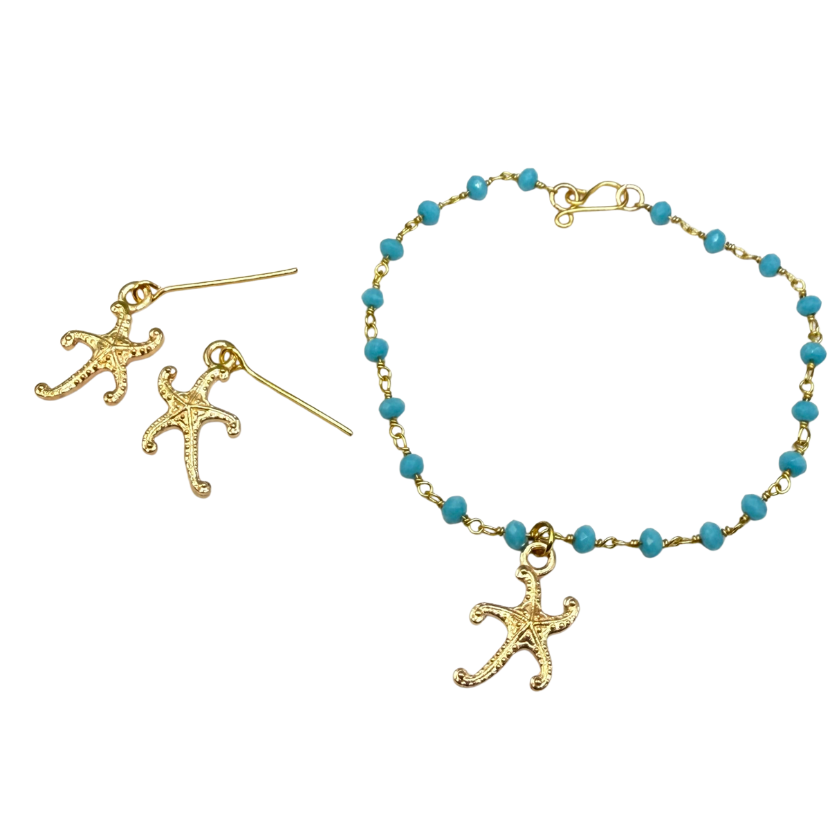 ✨Handmade Doll Jewelry Designed to Fit popular 18 Inch Fashion Dolls: add a little “Summer Fun ☀️ Beachy Style 🏝️” to your favorite doll!✨

Gold Starfish Charm Turquoise Blue Glass Beaded Doll Necklace & Earrings