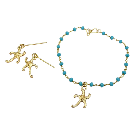✨Handmade Doll Jewelry Designed to Fit popular 18 Inch Fashion Dolls: add a little “Summer Fun ☀️ Beachy Style 🏝️” to your favorite doll!✨

Gold Starfish Charm Turquoise Blue Glass Beaded Doll Necklace & Earrings