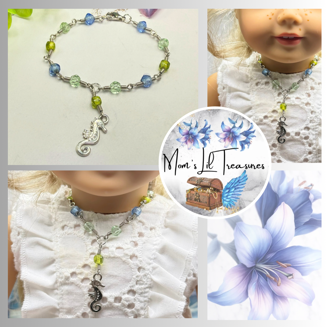 ✨Handmade Doll Jewelry Designed to Fit popular 18 Inch Fashion Dolls: add a little “Summer Fun ☀️ Beachy Style 🏝️” to your favorite doll!✨

Green Blue Glass Beaded Silver Link Chain Seahorse Charm Doll Necklace