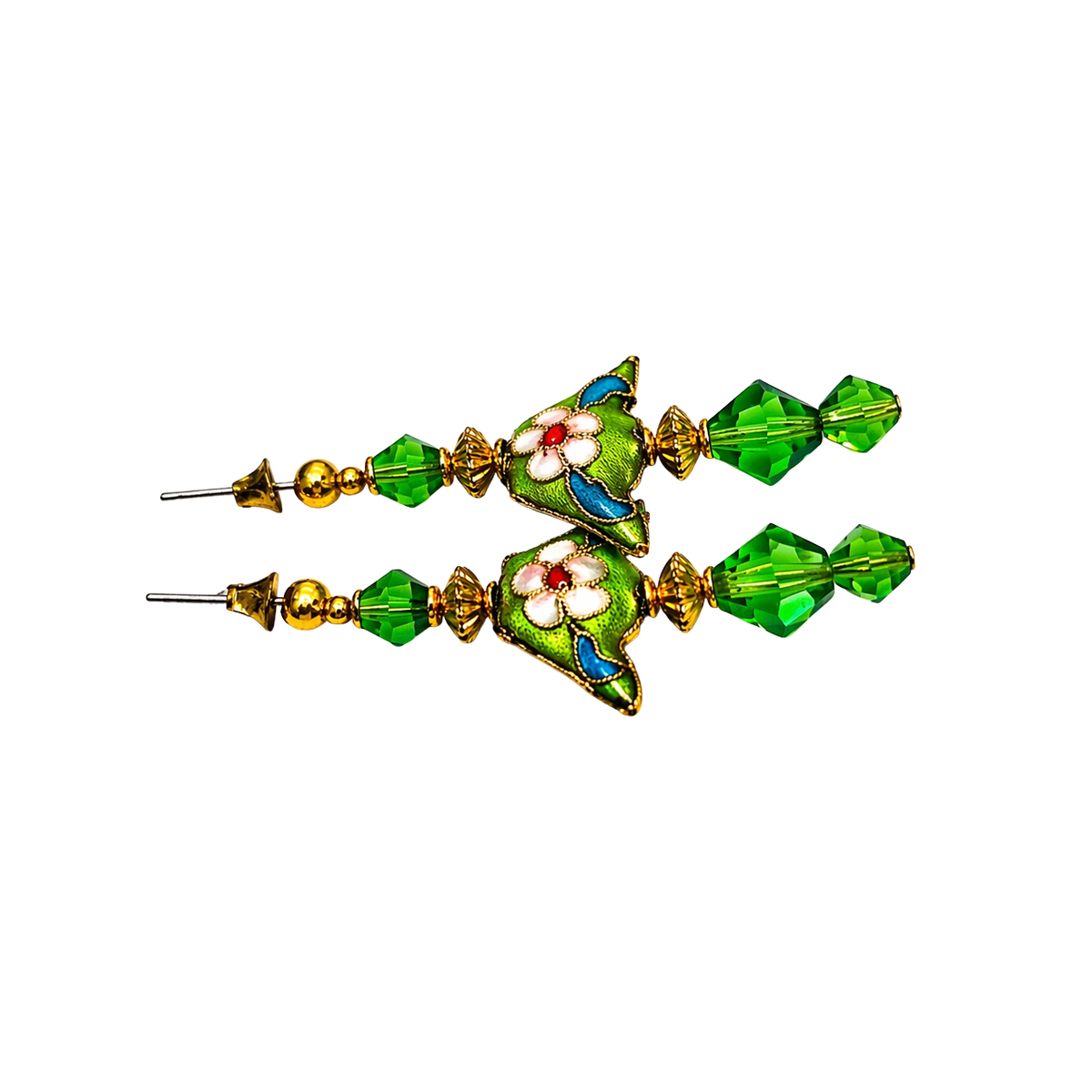 Add a touch of elegance to your outfit with these beautiful handmade dangle earrings. The earrings are made using green crystals and cloisonné beads with gold tone findings. The earrings are 2 inches long and have a post closure.