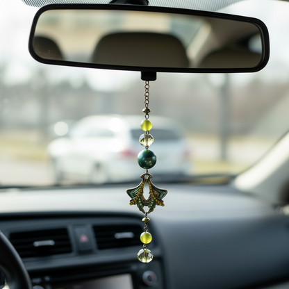 Green Enamel Rhinestone Acrylic Beaded Chain • Car Mirror Charm / Sun Catcher