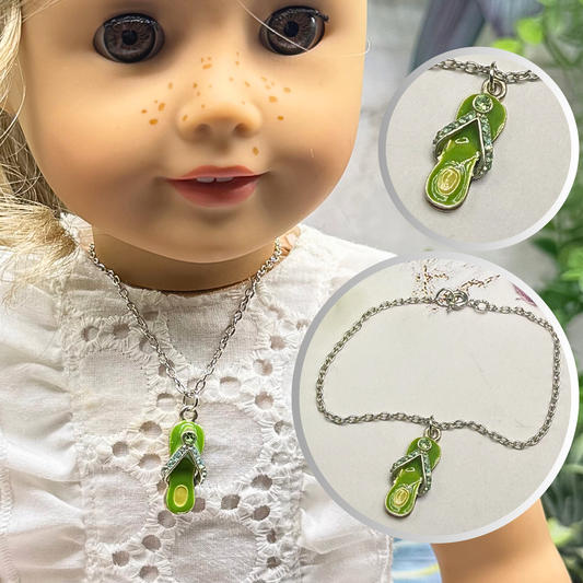✨Handmade Doll Jewelry Designed to Fit popular 18 Inch Fashion Dolls: add a little “Summer Fun ☀️” to your favorite doll!✨

Green Enamel Rhinestone Flip Flop Charm Silver Doll Necklace

