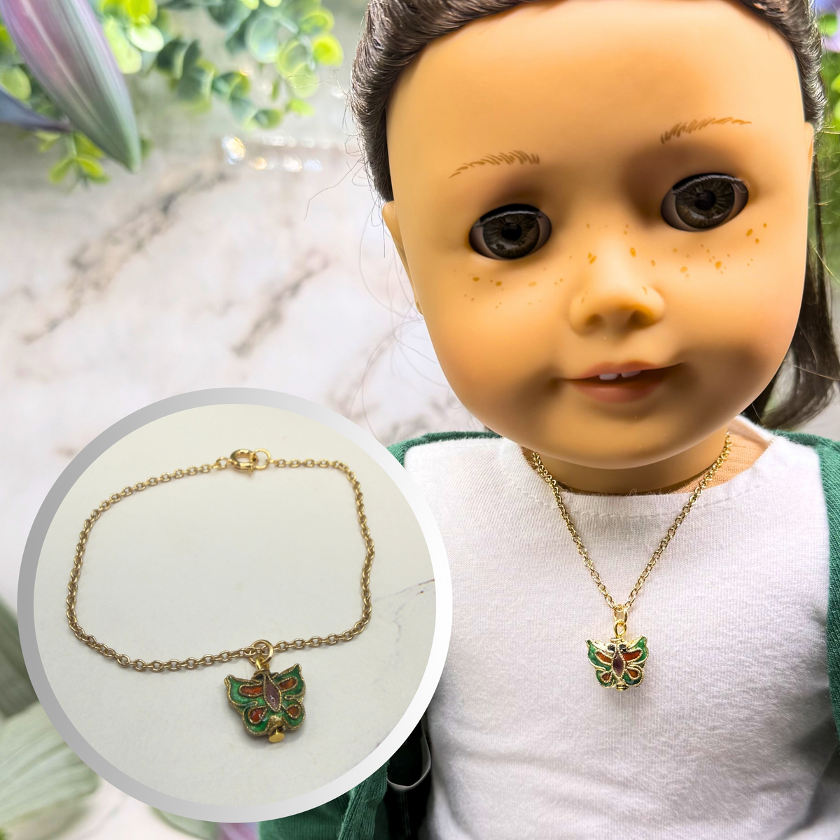 ✨Handmade Doll Jewelry Designed to Fit popular 18 Inch Fashion Dolls: add “Spring Style 🌸” to your favorite doll!✨ Green Enamel Multi Color Enamel Detail Butterfly Charm Gold Doll Necklace • Necklace measures  6-5/8 inches long • Doll Size / Scale: Pics included with necklace shown on 18" American Girl doll (neck measures 5.5” around)