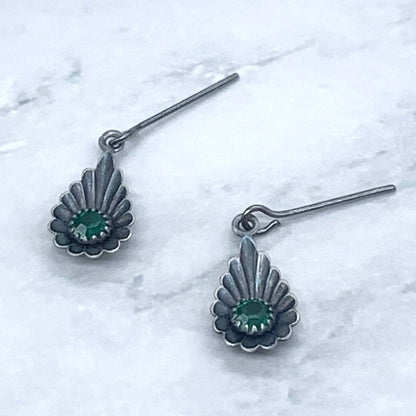 Handmade Doll Jewelry Designed to Fit popular 18-22 Inch Vintage Fashion Dolls: add a stylish touch to your favorite doll!
Green rhinestone accented dark silver teardrop shape dangle earrings