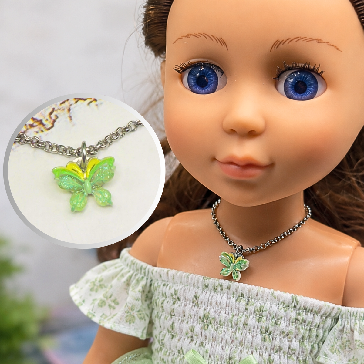 Handmade Doll Jewelry Designed to Fit popular 14 Inch Fashion Dolls: add a stylish touch to your favorite doll! Green Yellow Butterfly Charm Silver Doll Necklace