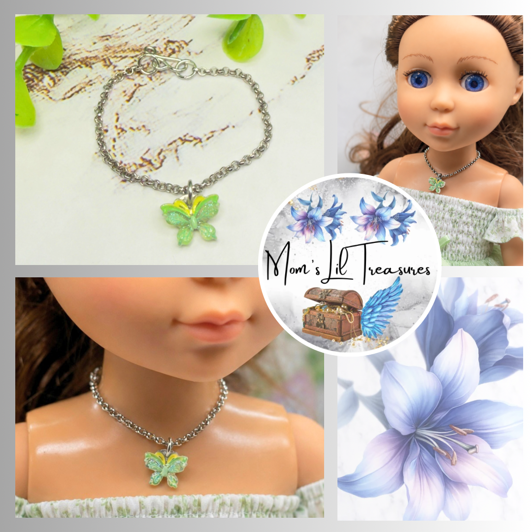 Handmade Doll Jewelry Designed to Fit popular 14 Inch Fashion Dolls: add a stylish touch to your favorite doll! Green Yellow Butterfly Charm Silver Doll Necklace
