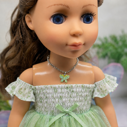 Handmade Doll Jewelry Designed to Fit popular 14 Inch Fashion Dolls: add a stylish touch to your favorite doll! Green Yellow Butterfly Charm Silver Doll Necklace