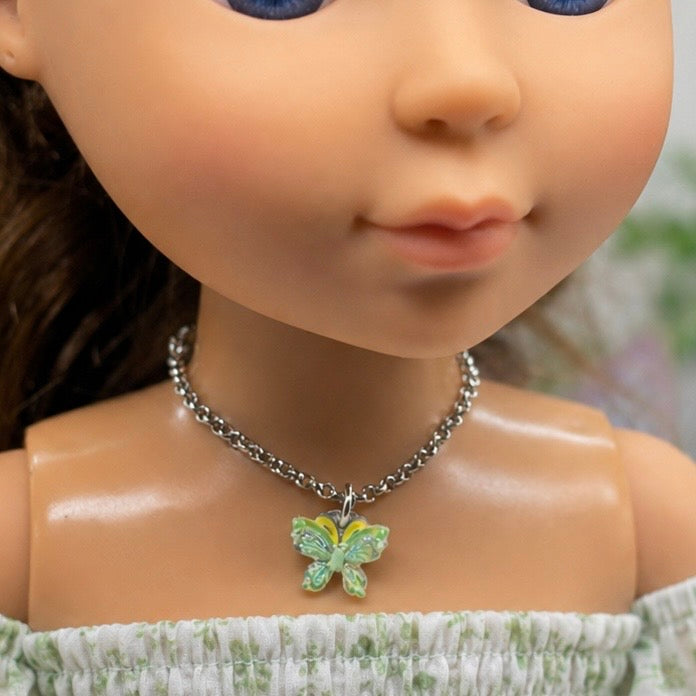 Handmade Doll Jewelry Designed to Fit popular 14 Inch Fashion Dolls: add a stylish touch to your favorite doll! Green Yellow Butterfly Charm Silver Doll Necklace