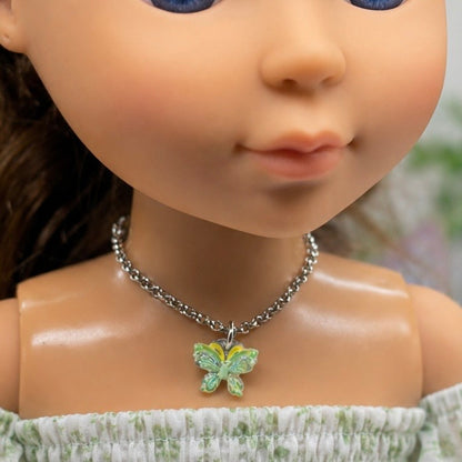 Handmade Doll Jewelry Designed to Fit popular 14 Inch Fashion Dolls: add a stylish touch to your favorite doll! Green Yellow Butterfly Charm Silver Doll Necklace