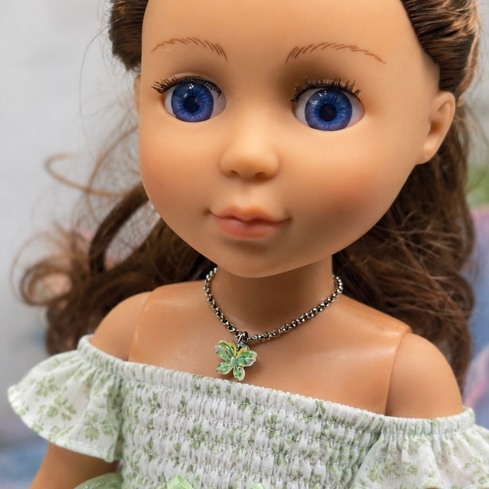 Handmade Doll Jewelry Designed to Fit popular 14 Inch Fashion Dolls: add a stylish touch to your favorite doll! Green Yellow Butterfly Charm Silver Doll Necklace