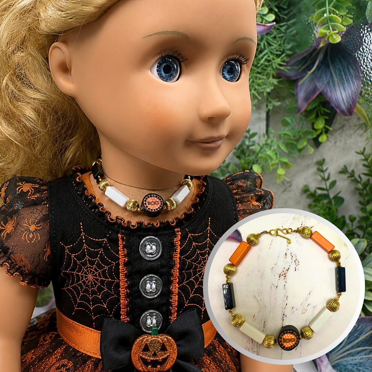 Handmade Doll Jewelry Designed to Fit popular 18 Inch Fashion Dolls: add some “Spooky Halloween 🎃” style to your favorite doll! Halloween Boo Choker Acrylic Beaded Doll Necklace