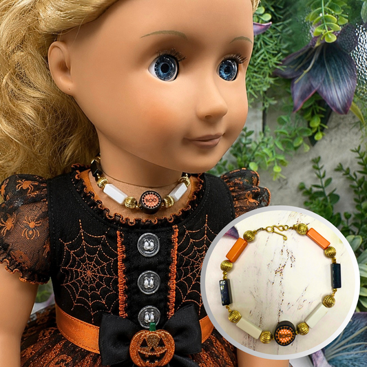 Handmade Doll Jewelry Designed to Fit popular 18 Inch Fashion Dolls: add some “Spooky Halloween 🎃” style to your favorite doll! Halloween Boo Choker Acrylic Beaded Doll Necklace