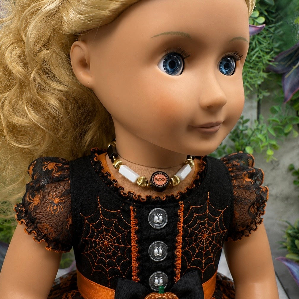 Handmade Doll Jewelry Designed to Fit popular 18 Inch Fashion Dolls: add some “Spooky Halloween 🎃” style to your favorite doll! Halloween Boo Choker Acrylic Beaded Doll Necklace