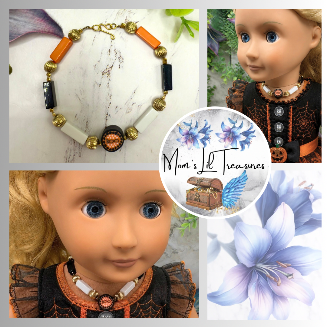 Handmade Doll Jewelry Designed to Fit popular 18 Inch Fashion Dolls: add some “Spooky Halloween 🎃” style to your favorite doll! Halloween Boo Choker Acrylic Beaded Doll Necklace