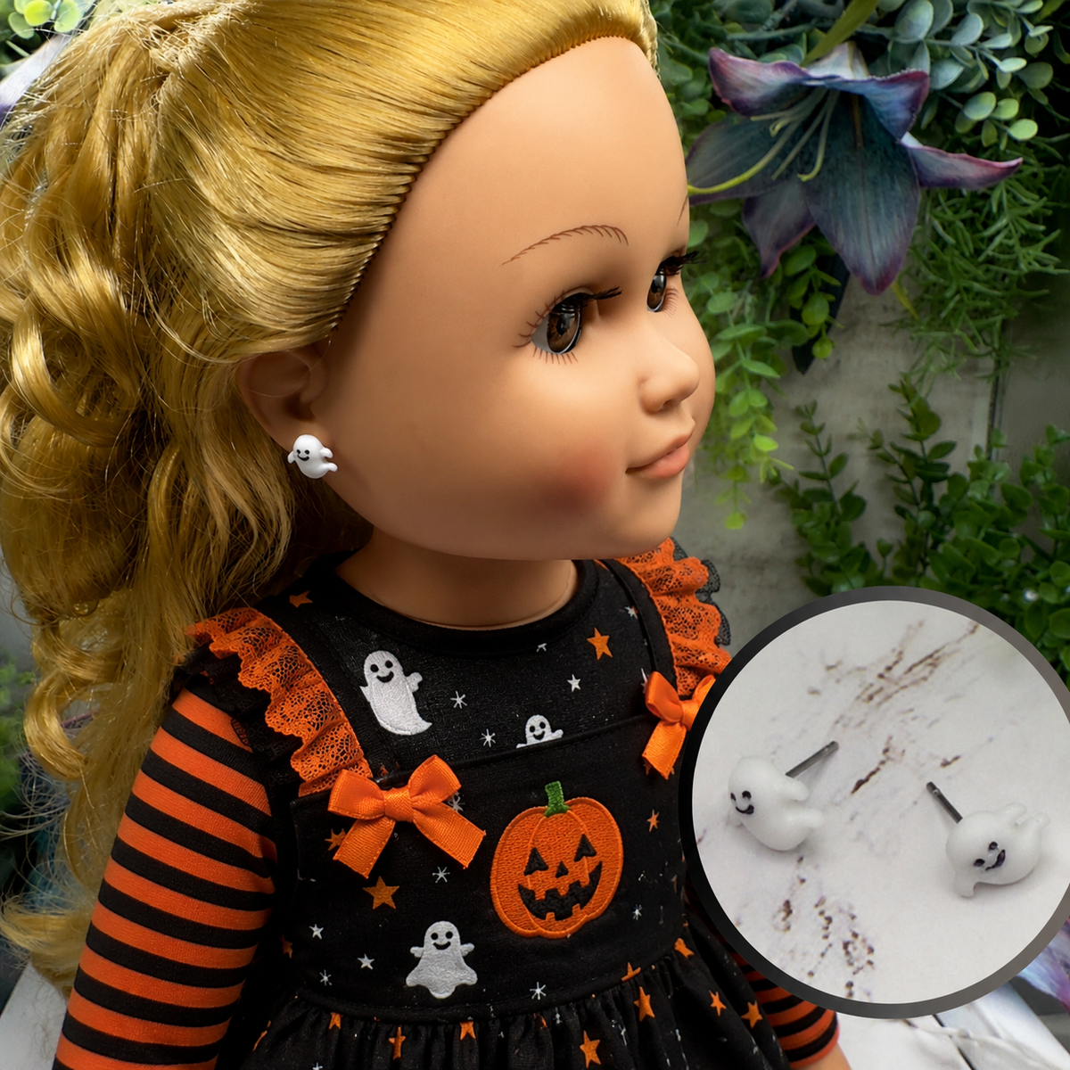 Handmade Doll Jewelry Designed to Fit popular 18 Inch Fashion Dolls: add some “Spooky Halloween 🎃” style to your favorite doll! Ghost Halloween Post Doll Earrings
