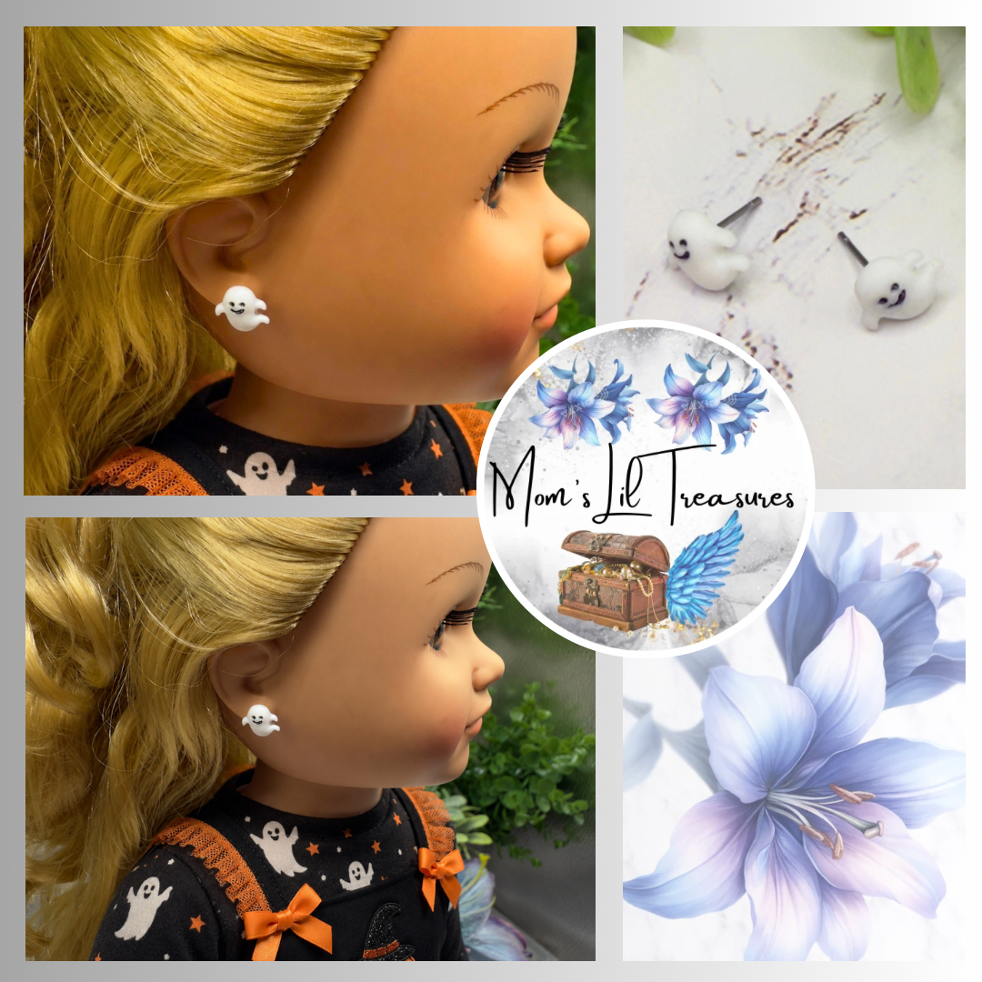 Handmade Doll Jewelry Designed to Fit popular 18 Inch Fashion Dolls: add some “Spooky Halloween 🎃” style to your favorite doll! Ghost Halloween Post Doll Earrings
