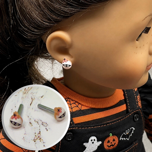 ✨Handmade Post Doll Earrings (Only fit 2mm drilled pierced ears) Designed to Fit popular 18 Inch Fashion Dolls: add some “Spooky Halloween 🎃” style to your favorite doll!✨ Cute Halloween Mummy post stud doll earrings • 2mm silver post. Earrings shown on 18" American Girl doll.