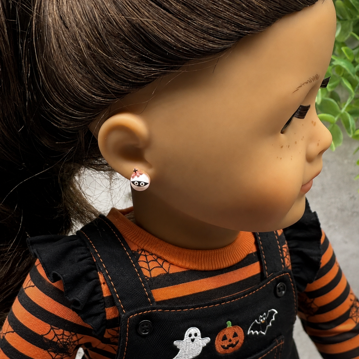 ✨Handmade Post Doll Earrings (Only fit 2mm drilled pierced ears) Designed to Fit popular 18 Inch Fashion Dolls: add some “Spooky Halloween 🎃” style to your favorite doll!✨ Cute Halloween Mummy post stud doll earrings • 2mm silver post. Earrings shown on 18" American Girl doll.