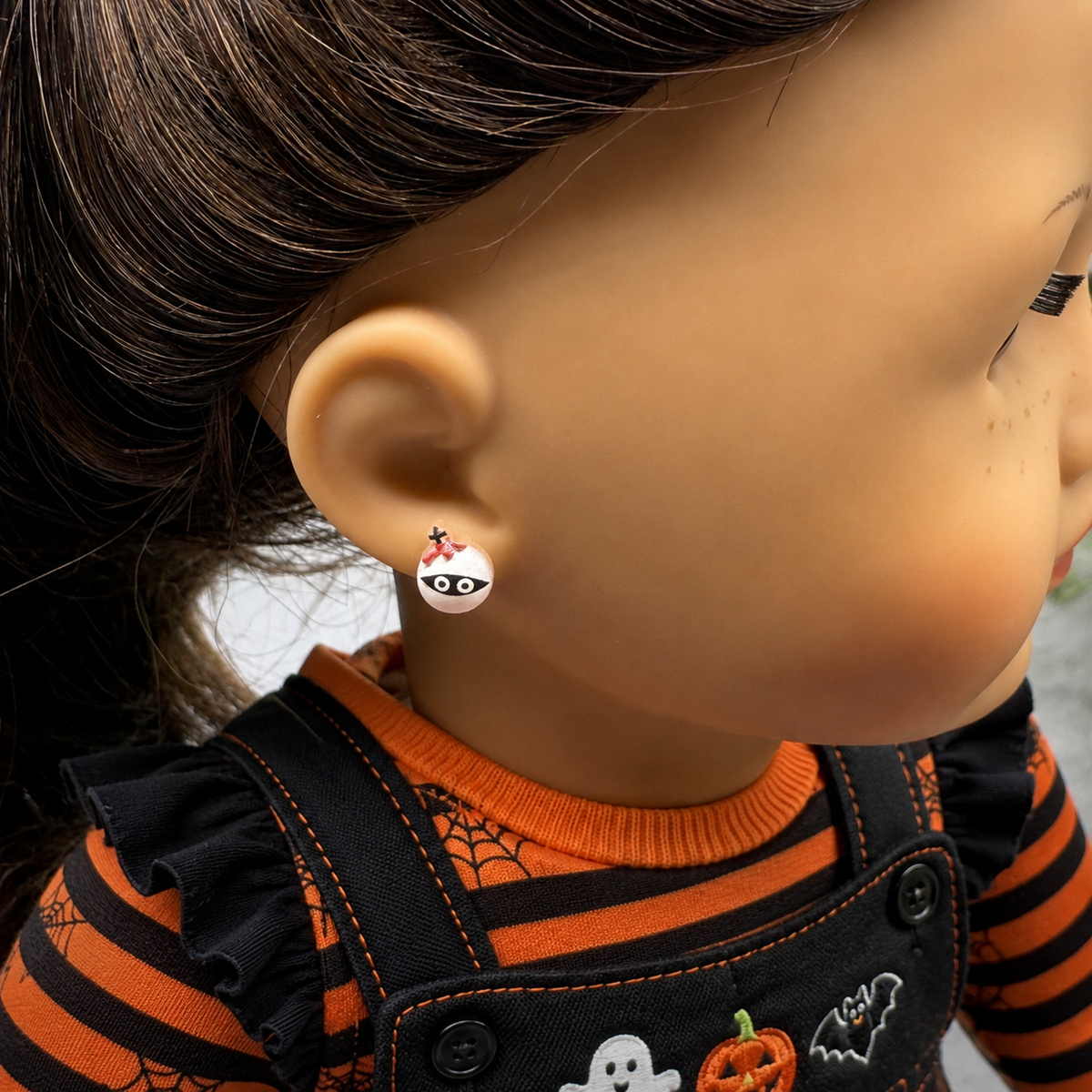 ✨Handmade Post Doll Earrings (Only fit 2mm drilled pierced ears) Designed to Fit popular 18 Inch Fashion Dolls: add some “Spooky Halloween 🎃” style to your favorite doll!✨ Cute Halloween Mummy post stud doll earrings • 2mm silver post. Earrings shown on 18" American Girl doll.
