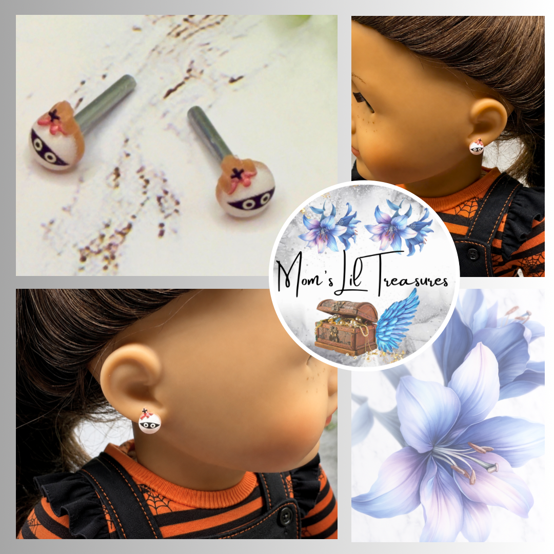 ✨Handmade Post Doll Earrings (Only fit 2mm drilled pierced ears) Designed to Fit popular 18 Inch Fashion Dolls: add some “Spooky Halloween 🎃” style to your favorite doll!✨ Cute Halloween Mummy post stud doll earrings • 2mm silver post. Earrings shown on 18" American Girl doll.