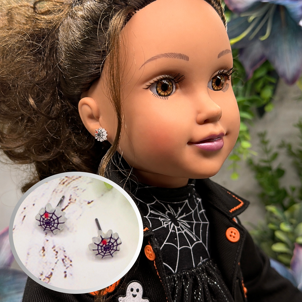 Handmade Doll Jewelry Designed to Fit popular 18 Inch Fashion Dolls: add some “Spooky Halloween 🎃” style to your favorite doll! Spider Web Halloween Stud Doll Earrings