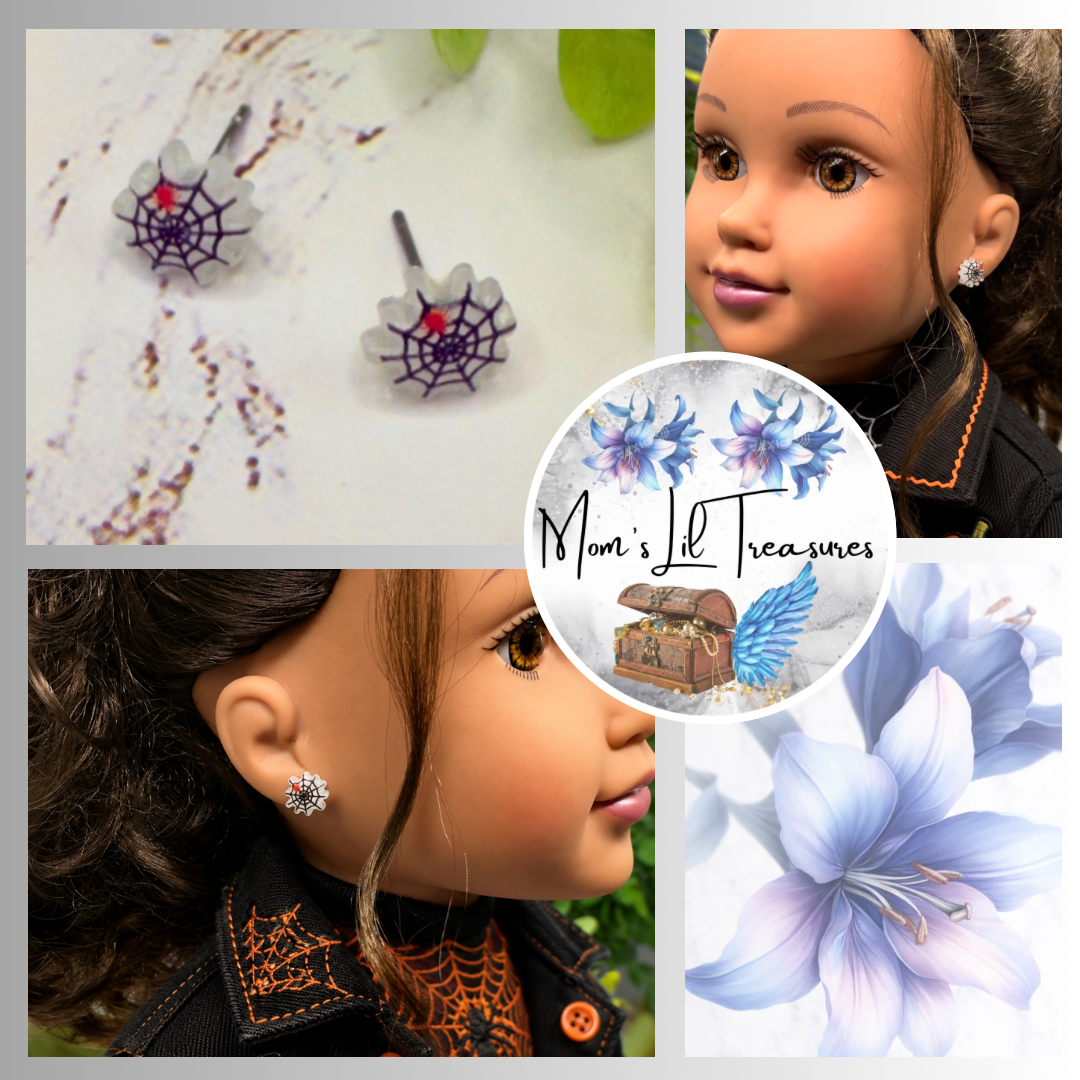 Handmade Doll Jewelry Designed to Fit popular 18 Inch Fashion Dolls: add some “Spooky Halloween 🎃” style to your favorite doll! Spider Web Halloween Stud Doll Earrings