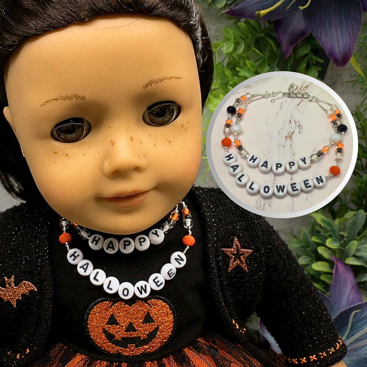 Handmade Doll Jewelry Designed to Fit popular 18 Inch Fashion Dolls: add some “Spooky Halloween 🎃” style to your favorite doll! Happy Halloween Acrylic Beaded Silver Doll Necklace.