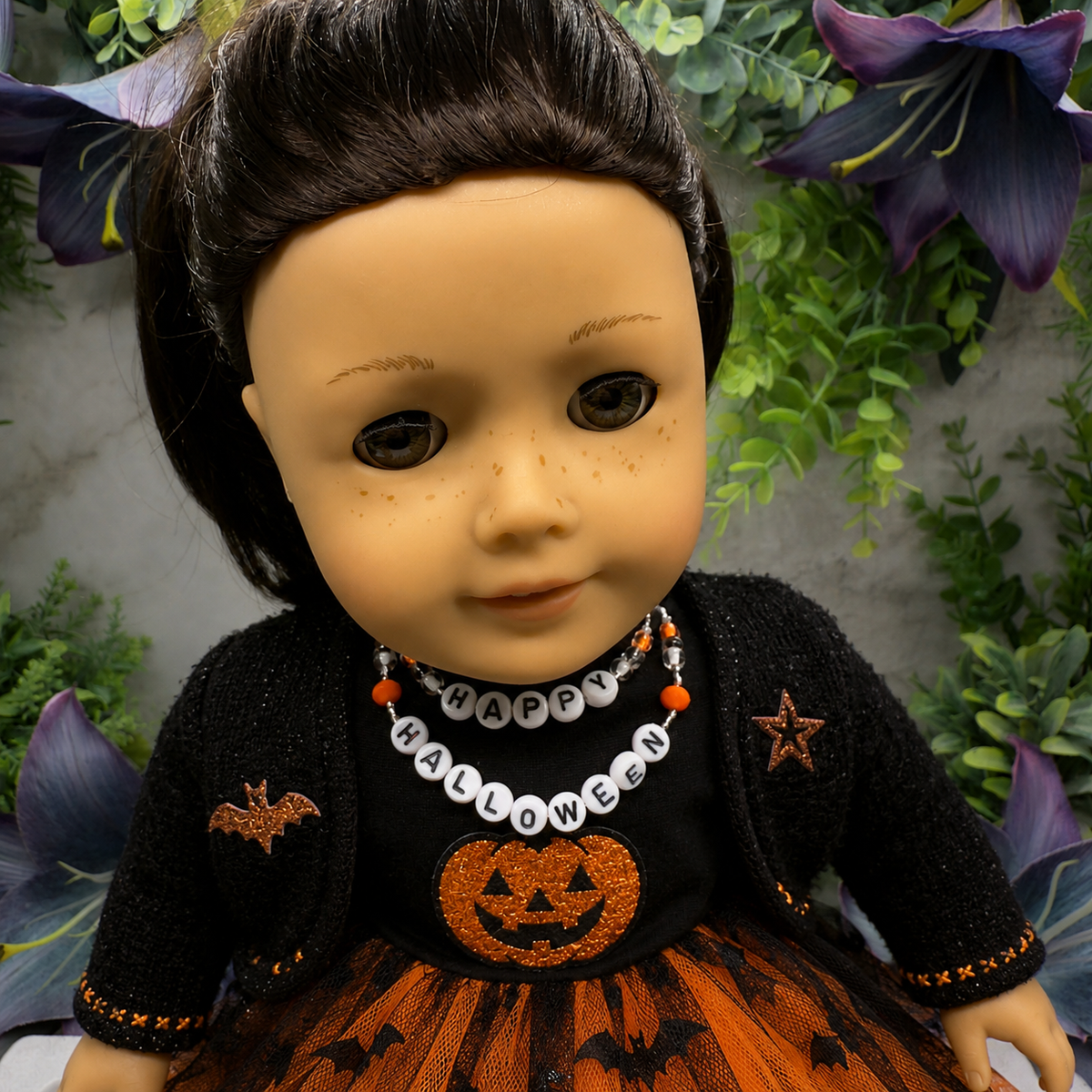 Handmade Doll Jewelry Designed to Fit popular 18 Inch Fashion Dolls: add some “Spooky Halloween 🎃” style to your favorite doll! Happy Halloween Acrylic Beaded Silver Doll Necklace.