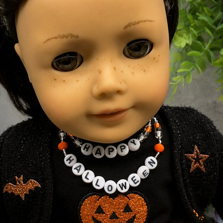 Handmade Doll Jewelry Designed to Fit popular 18 Inch Fashion Dolls: add some “Spooky Halloween 🎃” style to your favorite doll! Happy Halloween Acrylic Beaded Silver Doll Necklace.