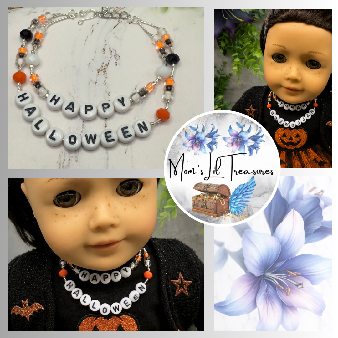 Handmade Doll Jewelry Designed to Fit popular 18 Inch Fashion Dolls: add some “Spooky Halloween 🎃” style to your favorite doll! Happy Halloween Acrylic Beaded Silver Doll Necklace.