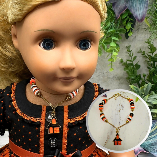 Handmade Doll Jewelry Designed to Fit popular 18 Inch Fashion Dolls: add some “Spooky Halloween 🎃” style to your favorite doll! Haunted House Halloween Charm Silicone Disc Beads on Gold Chain Doll Necklace