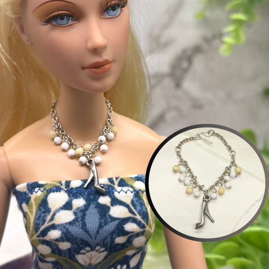 High Heel Pump Pendant Beaded Dangle Doll Necklace. Necklace shown on 16” Madame Alexander - Alex doll 