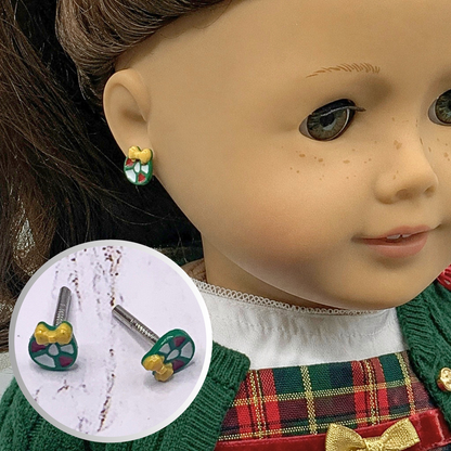 Holiday Christmas Wreath post stud doll earrings • 2mm silver post • EARRING POSTS ARE 2mm DIAMETER - for dolls with 2mm (drilled) pierced ears • Earrings shown on 18" American Girl doll